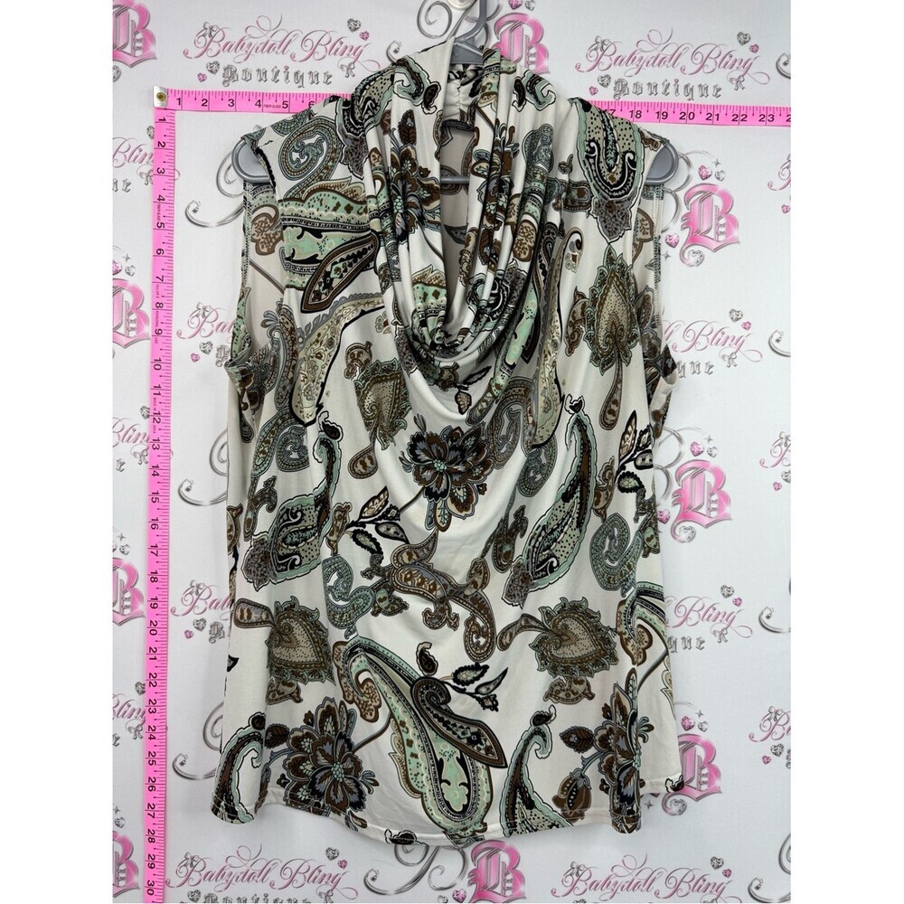 Clientele shirt tank Sleeveless Cowl Neck Paisley Top in Cream and Sage
